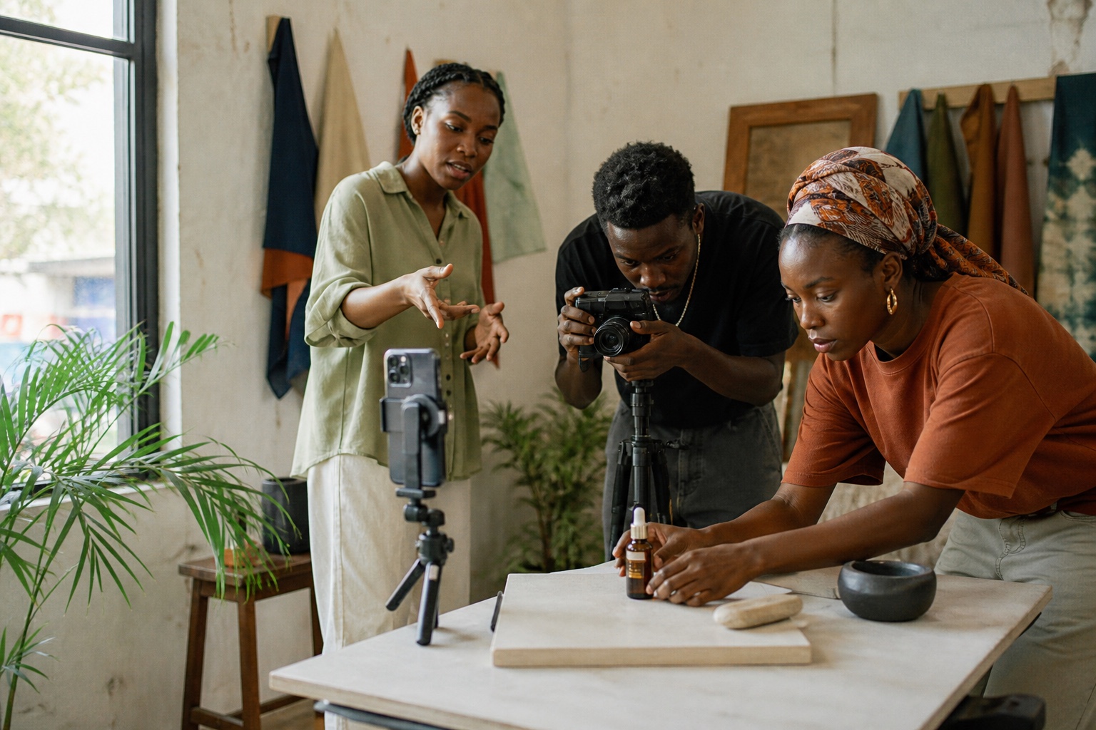 A creative team arranging a product shoot in a bright studio